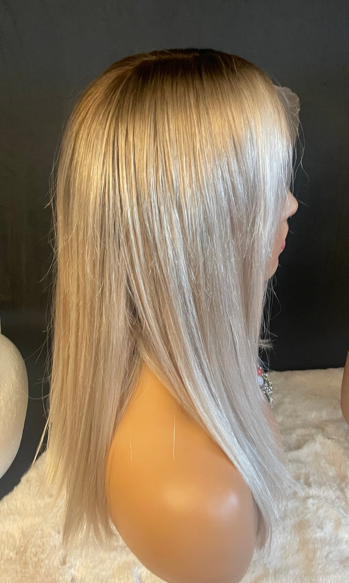 Fully Handtied Cap with Mono Top - White Blonde with Light Brown Roots