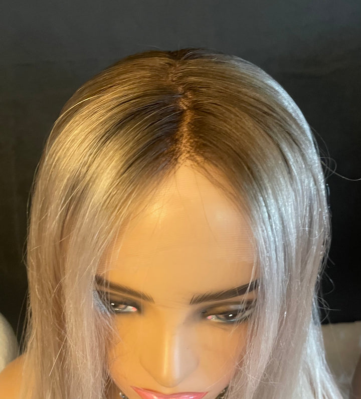 Fully Handtied Cap with Mono Top - White Blonde with Light Brown Roots